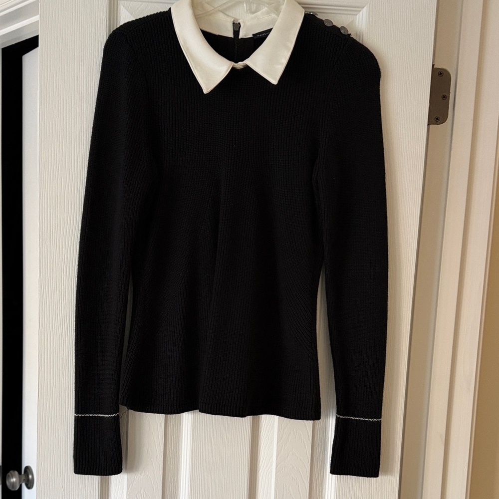 White House Black Market Black Sweater with White Collar